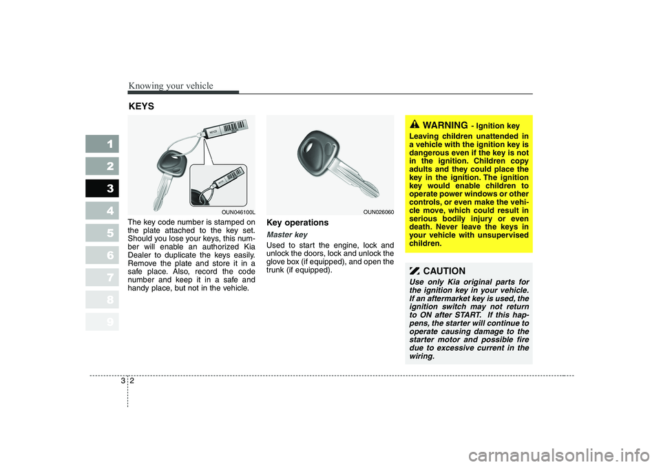 KIA CERATO 2007 Owners Manual Knowing your vehicle
2
3
1 23456789
CAUTION
Use only Kia original parts for
the ignition key in your vehicle.If an aftermarket key is used, theignition switch may not return to ON after START. If this KIA CERATO 2007 Owners Manual Knowing your vehicle
2
3
1 23456789
CAUTION
Use only Kia original parts for
the ignition key in your vehicle.If an aftermarket key is used, theignition switch may not return to ON after START. If this