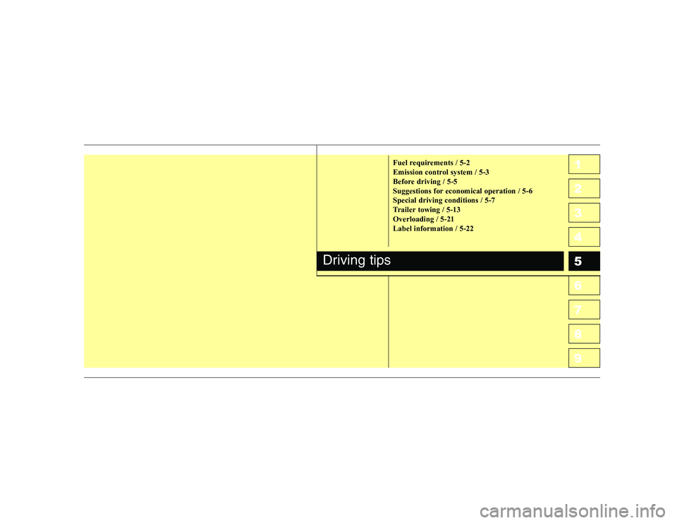 KIA CERATO 2007  Owners Manual 1 234567891 23456789Fuel requirements / 5-2 
Emission control system / 5-3
Before driving / 5-5
Suggestions for economical operation / 5-6Special driving conditions / 5-7
Trailer towing / 5-13Overload