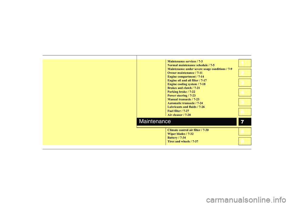 KIA CERATO 2007  Owners Manual 1 234567891 23456789
10
Maintenance services / 7-3 Normal maintenance schedule / 7-5
Maintenance under severe usage conditions / 7-9
Owner maintenance / 7-11Engine compartment / 7-14
Engine oil and oi