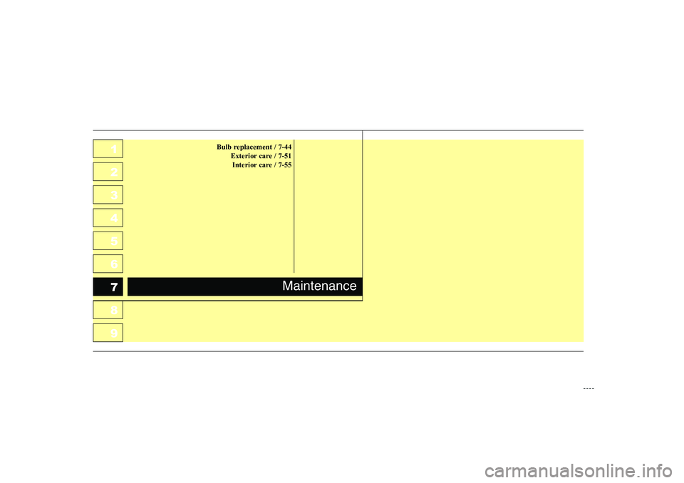 KIA CERATO 2007  Owners Manual 1 23456789Bulb replacement / 7-44Exterior care / 7-51Interior care / 7-55
Maintenance
1 23456789 
