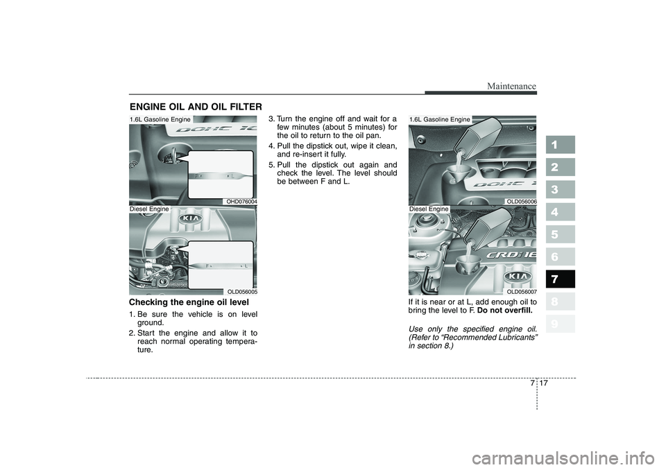KIA CERATO 2007  Owners Manual 717
Maintenance
1 23456789
ENGINE OIL AND OIL FILTER
Checking the engine oil level   
1. Be sure the vehicle is on level ground.
2. Start the engine and allow it to reach normal operating tempera- 
tu