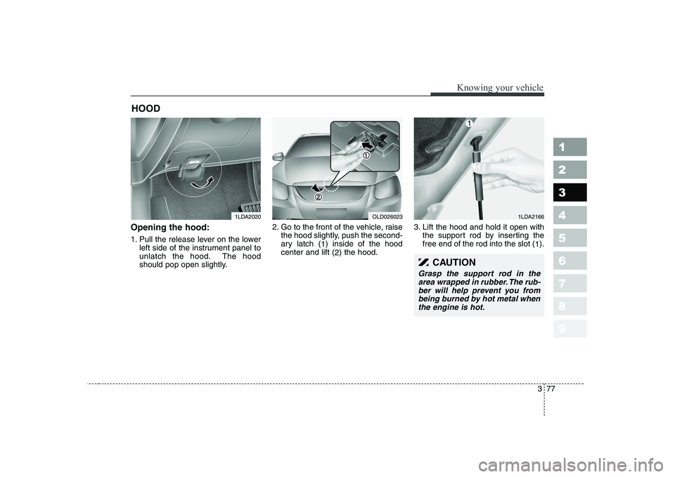 KIA CERATO 2007  Owners Manual 377
1 23456789
Knowing your vehicle
Opening the hood: 
1. Pull the release lever on the lowerleft side of the instrument panel to 
unlatch the hood. The hood
should pop open slightly. 2. Go to the fro
