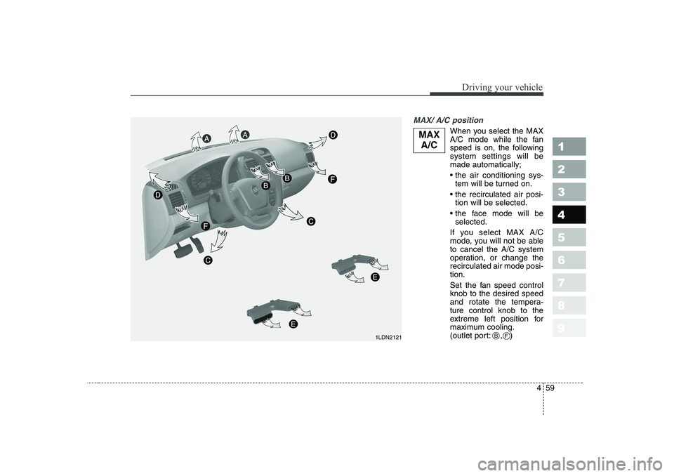 KIA CERATO 2006  Owners Manual 459
1 23456789
Driving your vehicle
MAX/ A/C position 
When you select the MAX 
A/C mode while the fan
speed is on, the followingsystem settings will bemade automatically;  the air conditioning sys-
