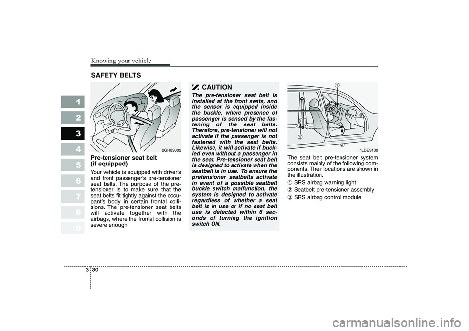 KIA CERATO 2006 Owners Manual Knowing your vehicle
30
3
1 23456789
Pre-tensioner seat belt (if equipped)
Your vehicle is equipped with driver’s
and front passenger’s pre-tensioner
seat belts. The purpose of the pre-
tension KIA CERATO 2006 Owners Manual Knowing your vehicle
30
3
1 23456789
Pre-tensioner seat belt (if equipped)
Your vehicle is equipped with driver’s
and front passenger’s pre-tensioner
seat belts. The purpose of the pre-
tension