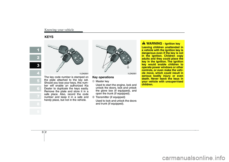 KIA CERATO 2004 Owners Manual Knowing your vehicle
2
3
1 23456789
The key code number is stamped on
the plate attached to the key set.
Should you lose your keys, this num-
ber will enable an authorized Kia
Dealer to duplicate the KIA CERATO 2004 Owners Manual Knowing your vehicle
2
3
1 23456789
The key code number is stamped on
the plate attached to the key set.
Should you lose your keys, this num-
ber will enable an authorized Kia
Dealer to duplicate the