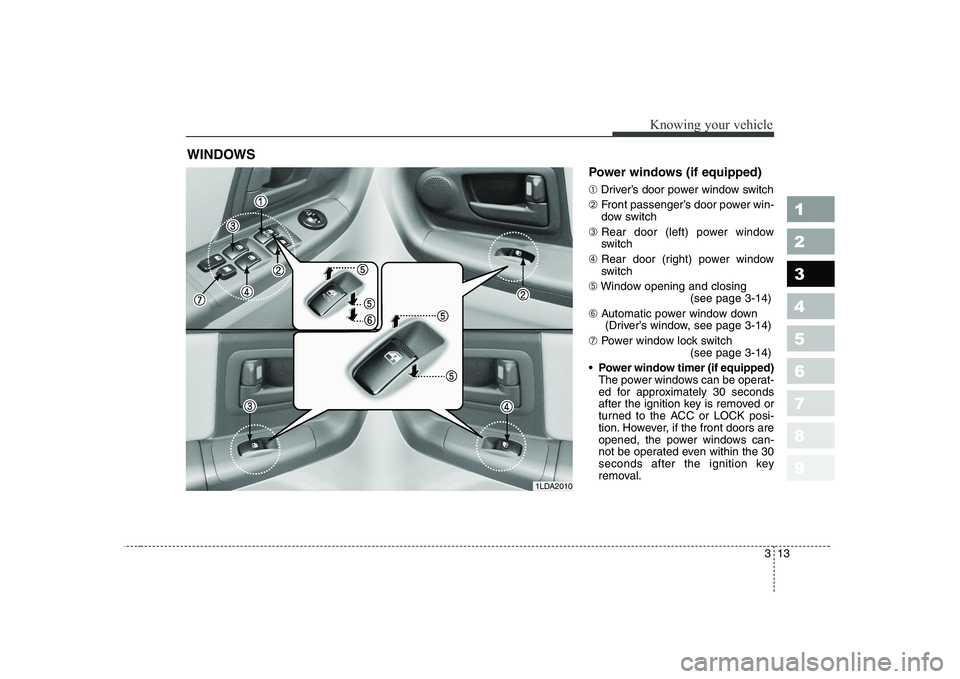 KIA CERATO 2004  Owners Manual 313
1 23456789
Knowing your vehicle
Power windows (if equipped) ➀Driver’s door power window switch
➁ Front passenger’s door power win- 
dow switch
➂ Rear door (left) power window
switch
➃ 