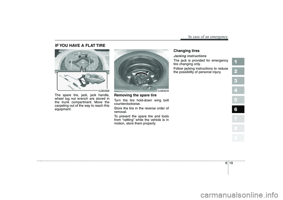 KIA CERATO 2004  Owners Manual 619
In case of an emergency
1 23456789
IF YOU HAVE A FLAT TIRE 
The spare tire, jack, jack handle, 
wheel lug nut wrench are stored in
the trunk compartment. Move the
carpeting out of the way to reach