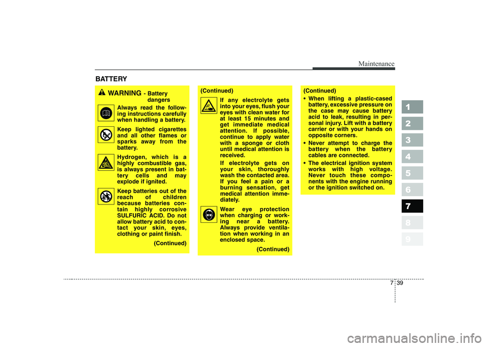 KIA CERATO 2004 Owners Manual 739
Maintenance
1 23456789
BATTERY
WARNING- Battery
dangers
Always read the follow-
ing instructions carefully
when handling a battery.
Keep lighted cigarettes and all other flames or
sparks a KIA CERATO 2004 Owners Manual 739
Maintenance
1 23456789
BATTERY
WARNING- Battery
dangers
Always read the follow-
ing instructions carefully
when handling a battery.
Keep lighted cigarettes and all other flames or
sparks a