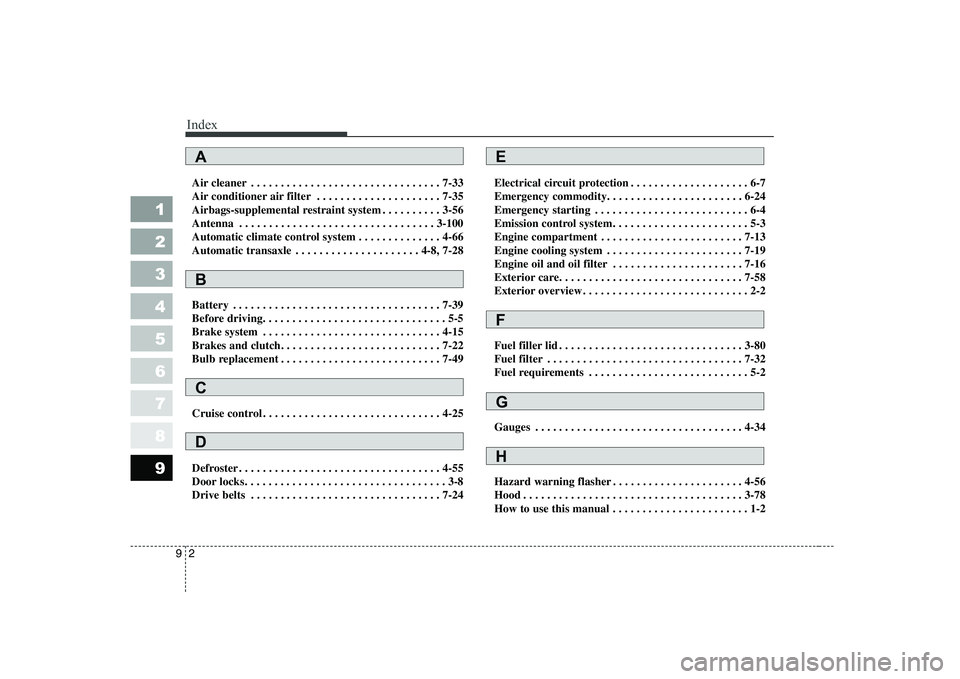 KIA CERATO 2004 Owners Manual Index
2
9
1 23456789
Air cleaner . . . . . . . . . . . . . . . . . . . . . . . . . . . . . . . . 7-33
Air conditioner air filter . . . . . . . . . . . . . . . . . . . . . 7-35
Airbags-supplemental re KIA CERATO 2004 Owners Manual Index
2
9
1 23456789
Air cleaner . . . . . . . . . . . . . . . . . . . . . . . . . . . . . . . . 7-33
Air conditioner air filter . . . . . . . . . . . . . . . . . . . . . 7-35
Airbags-supplemental re
