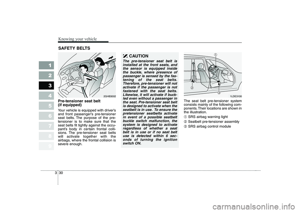 KIA CERATO 2004 Owners Manual Knowing your vehicle
30
3
1 23456789
Pre-tensioner seat belt (if equipped)
Your vehicle is equipped with driver’s
and front passenger’s pre-tensioner
seat belts. The purpose of the pre-
tension KIA CERATO 2004 Owners Manual Knowing your vehicle
30
3
1 23456789
Pre-tensioner seat belt (if equipped)
Your vehicle is equipped with driver’s
and front passenger’s pre-tensioner
seat belts. The purpose of the pre-
tension