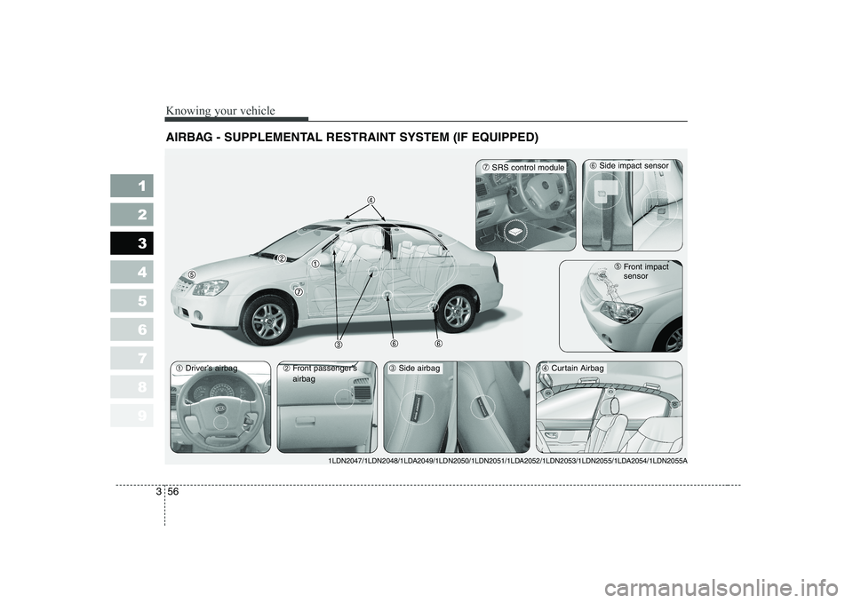 KIA CERATO 2004  Owners Manual Knowing your vehicle
56
3
1 23456789
AIRBAG - SUPPLEMENTAL RESTRAINT SYSTEM (IF EQUIPPED) 
➀ Driver’s airbag
➁Front passenger’s airbag➃ Curtain Airbag ➄
Front impact sensor
➆SRS control 