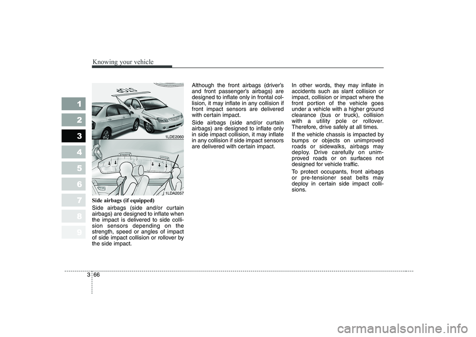 KIA CERATO 2004 Owners Manual Knowing your vehicle
66
3
1 23456789
Side airbags (if equipped)
Side airbags (side and/or curtain airbags) are designed to inflate when
the impact is delivered to side colli-sion sensors depending on KIA CERATO 2004 Owners Manual Knowing your vehicle
66
3
1 23456789
Side airbags (if equipped)
Side airbags (side and/or curtain airbags) are designed to inflate when
the impact is delivered to side colli-sion sensors depending on