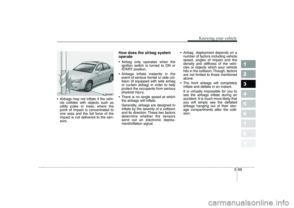 KIA CERATO 2004 Owners Manual 369
1 23456789
Knowing your vehicle
Airbags may not inflate if the vehi-cle collides with objects such as
utility poles or trees, where the
point of impact is concentrated to
one area and the full f KIA CERATO 2004 Owners Manual 369
1 23456789
Knowing your vehicle
Airbags may not inflate if the vehi-cle collides with objects such as
utility poles or trees, where the
point of impact is concentrated to
one area and the full f