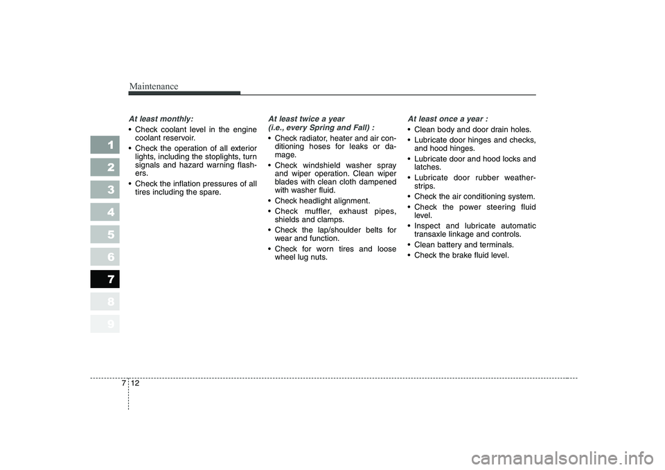KIA CERATO 2008 Owners Manual Maintenance
12
7
1 23456789
At least monthly:
Check coolant level in the engine
coolant reservoir.
Check the operation of all exterior lights, including the stoplights, turn
signals and hazard warn KIA CERATO 2008 Owners Manual Maintenance
12
7
1 23456789
At least monthly:
Check coolant level in the engine
coolant reservoir.
Check the operation of all exterior lights, including the stoplights, turn
signals and hazard warn