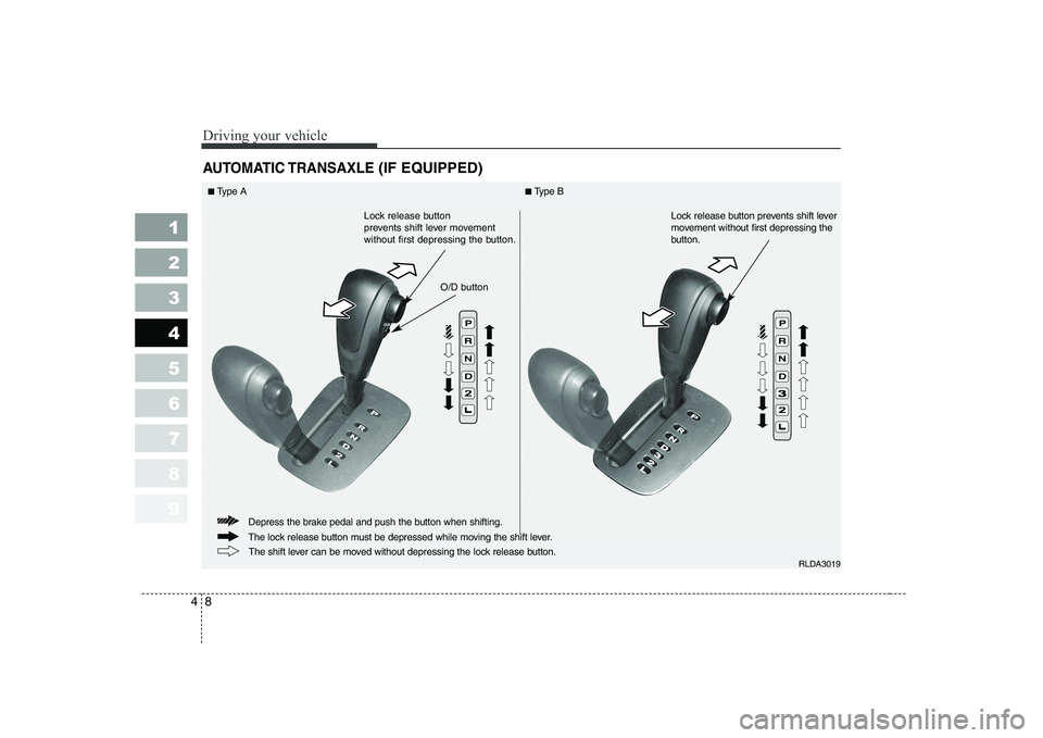 KIA CERATO 2005  Owners Manual Driving your vehicle
8
4
1 23456789
AUTOMATIC TRANSAXLE (IF EQUIPPED)
RLDA3019
The lock release button must be depressed while moving the shift lever.
Depress the brake pedal and push the button when 