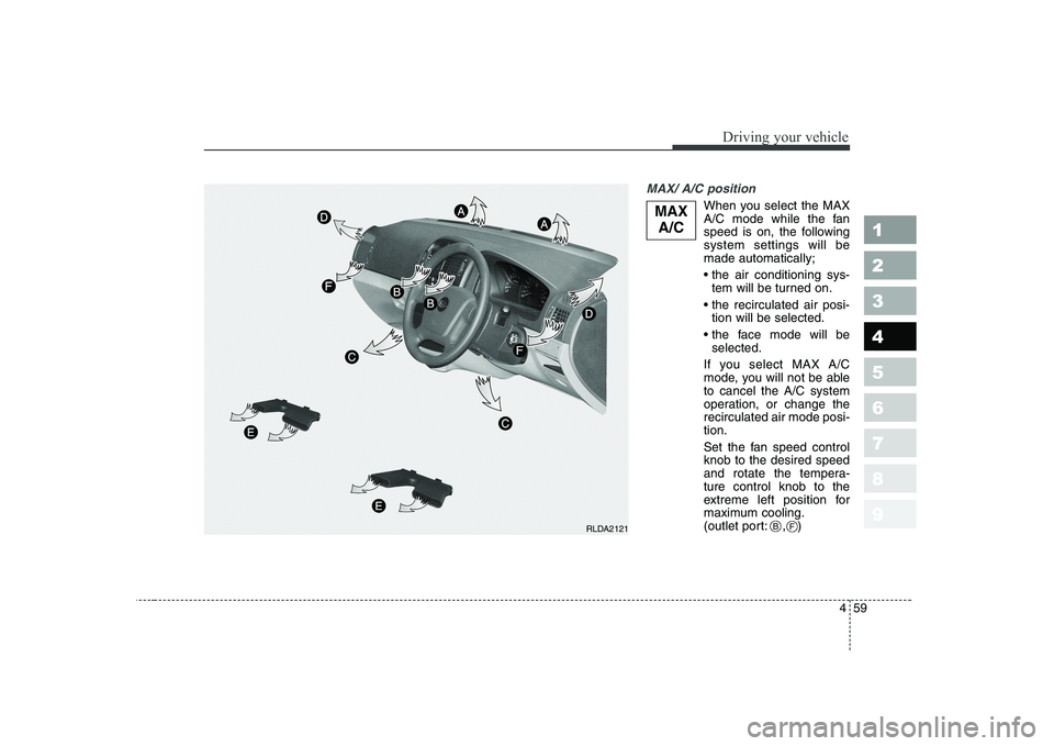 KIA CERATO 2005  Owners Manual 459
1 23456789
Driving your vehicle
MAX/ A/C position 
When you select the MAX 
A/C mode while the fan
speed is on, the followingsystem settings will bemade automatically; 
tem will be turned on.
 tio