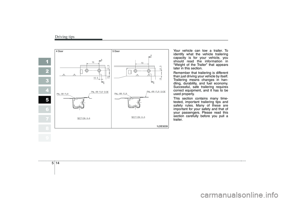 KIA CERATO 2005  Owners Manual Driving tips
14
5
Your vehicle can tow a trailer. To 
identify what the vehicle trailering
capacity is for your vehicle, you
should read the information in
“Weight of the Trailer” that appearslate