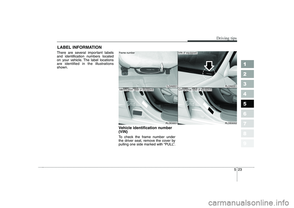 KIA CERATO 2005  Owners Manual 523
Driving tips
1 23456789
LABEL INFORMATION   
There are several important labels 
and identification numbers located
on your vehicle. The label locations
are identified in the illustrations
shown.
