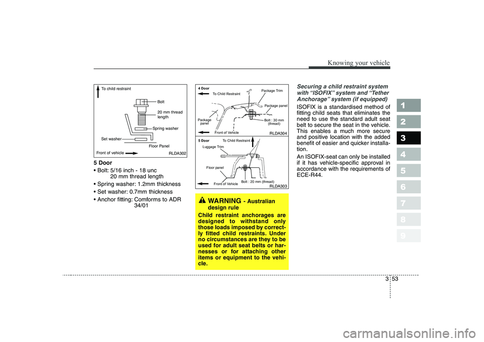 KIA CERATO 2005 Owners Manual 353
1 23456789
Knowing your vehicle
5 Door
5/16 inch - 18 unc20 mm thread length
1.2mm thickness
0.7mm thickness
Comforms to ADR 34/01
Securing a child restraint system
with “ISOFIX” system KIA CERATO 2005 Owners Manual 353
1 23456789
Knowing your vehicle
5 Door
5/16 inch - 18 unc20 mm thread length
1.2mm thickness
0.7mm thickness
Comforms to ADR 34/01
Securing a child restraint system
with “ISOFIX” system