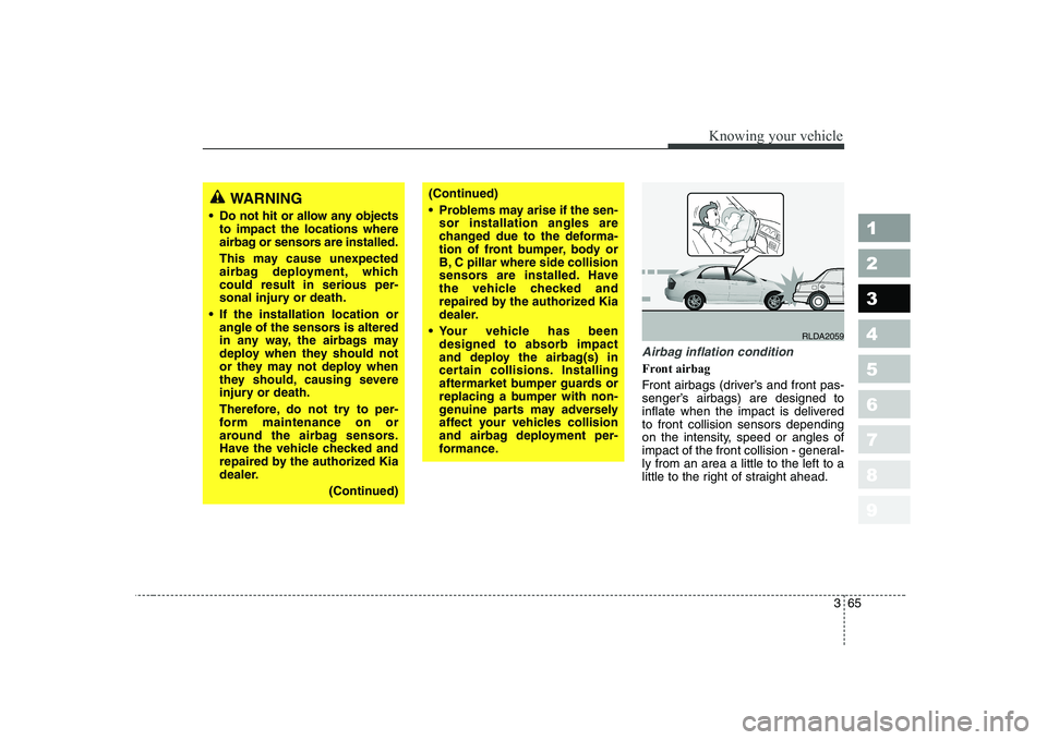 KIA CERATO 2005 Owners Manual 365
1 23456789
Knowing your vehicle
Airbag inflation condition
Front airbag
Front airbags (driver’s and front pas-
senger’s airbags) are designed to
inflate when the impact is deliveredto front KIA CERATO 2005 Owners Manual 365
1 23456789
Knowing your vehicle
Airbag inflation condition
Front airbag
Front airbags (driver’s and front pas-
senger’s airbags) are designed to
inflate when the impact is deliveredto front