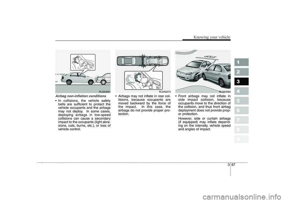 KIA CERATO 2005  Owners Manual 367
1 23456789
Knowing your vehicle
Airbag non-inflation conditions
 In collisions, the vehicle safetybelts are sufficient to protect the 
vehicle occupants and the airbags
may not deploy. In some cas