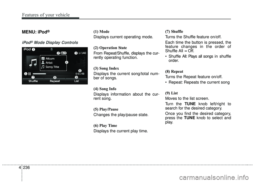 KIA FORTE 5 2018  Owners Manual 4 236
Features of your vehicle
MENU: iPod®
iPod®Mode Display Controls
(1) Mode
Displays current operating mode.
(2) Operation State
From Repeat/Shuffle, displays the cur-
rently operating function.
