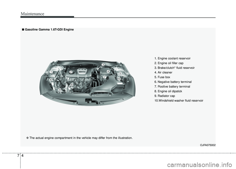 KIA FORTE KOUP 2018  Owners Manual Maintenance
47
OJFA075002
■ ■Gasoline Gamma 1.6T-GDI Engine❈ The actual engine compartment in the vehicle may differ from the illustration. 1. Engine coolant reservoir
2. Engine oil filler cap
3