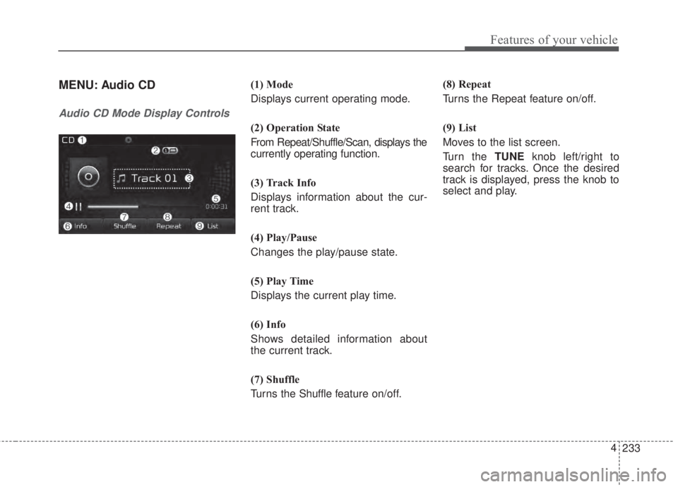 KIA FORTE KOUP 2017  Owners Manual 233 4
Features of your vehicle
MENU: Audio CD
Audio CD Mode Display Controls
(1) Mode
Displays current operating mode.
(2) Operation State
From Repeat/Shuffle/Scan, displays the
currently operating fu