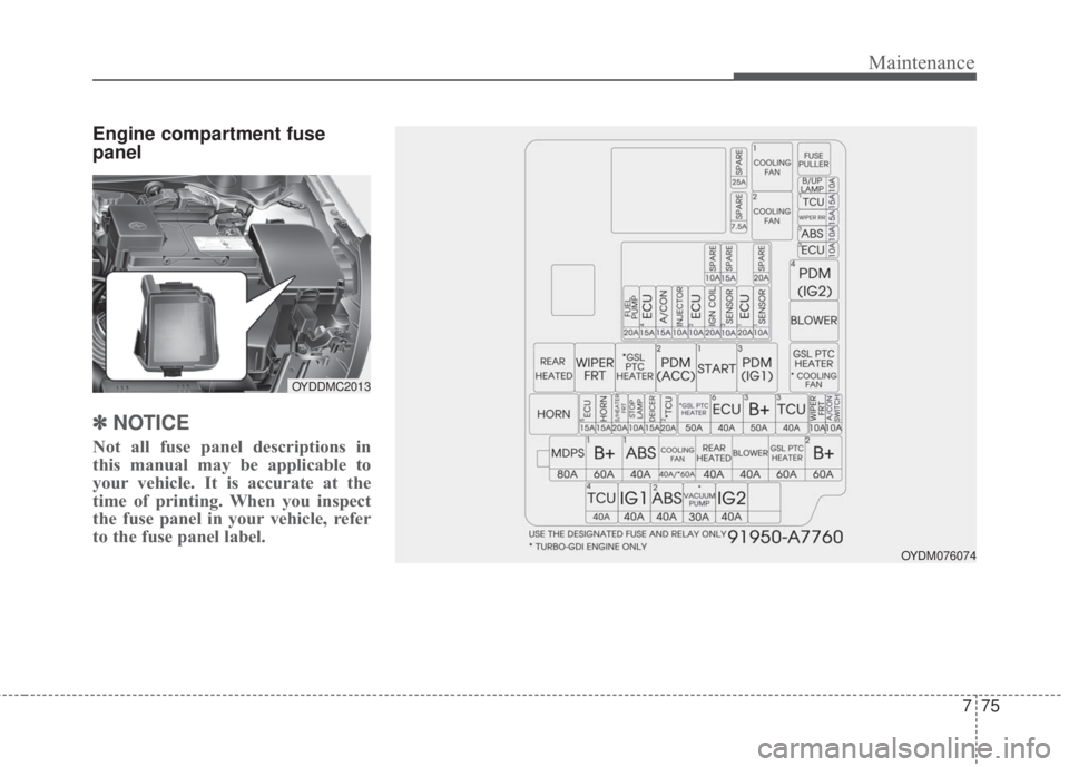 KIA FORTE KOUP 2017  Owners Manual 775
Maintenance
Engine compartment fuse
panel
✽NOTICE
Not all fuse panel descriptions in
this manual may be applicable to
your vehicle. It is accurate at the
time of printing. When you inspect
the f