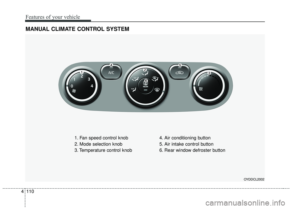 KIA FORTE KOUP 2016  Owners Manual Features of your vehicle
110
4
MANUAL CLIMATE CONTROL SYSTEM
1. Fan speed control knob
2. Mode selection knob
3. Temperature control knob 4. Air conditioning button
5. Air intake control button
6. Rea