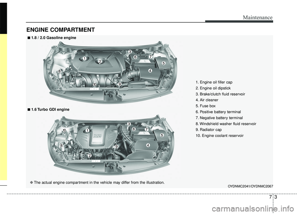 KIA FORTE KOUP 2016  Owners Manual 73
Maintenance
ENGINE COMPARTMENT 
OYDNMC2041/OYDNMC2067
■
■1.8 / 2.0 Gasoline engine
❈The actual engine compartment in the vehicle may differ from the illustration.
■
■1.6 Turbo GDI engine
