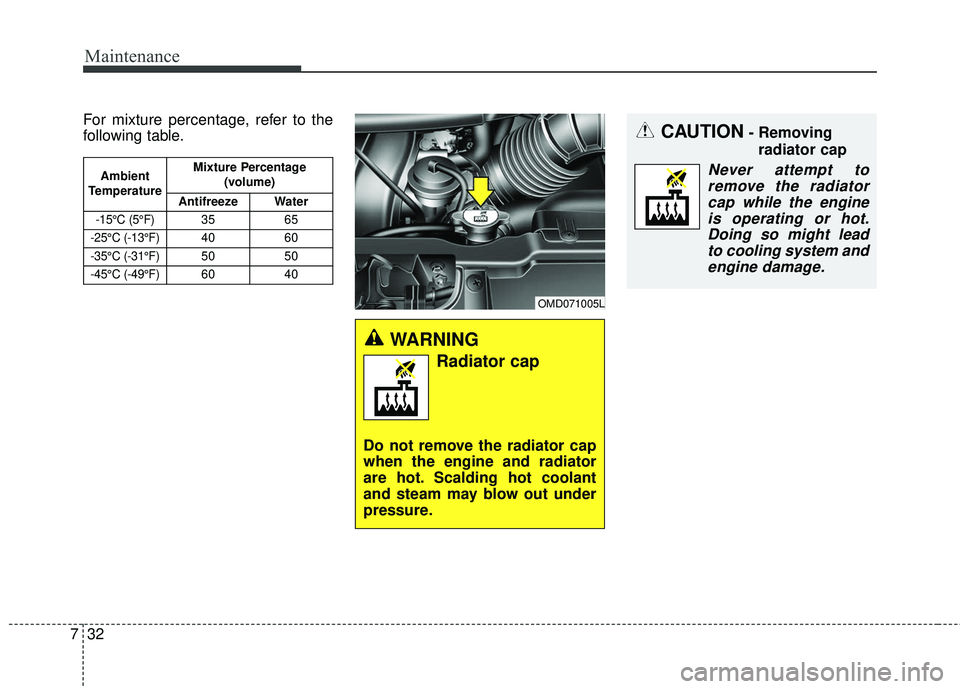 KIA FORTE KOUP 2016  Owners Manual Maintenance
32
7
CAUTION- Removing
radiator cap
Never attempt toremove the radiator cap while the engineis operating or hot.Doing so might lead to cooling system andengine damage.
For mixture percenta