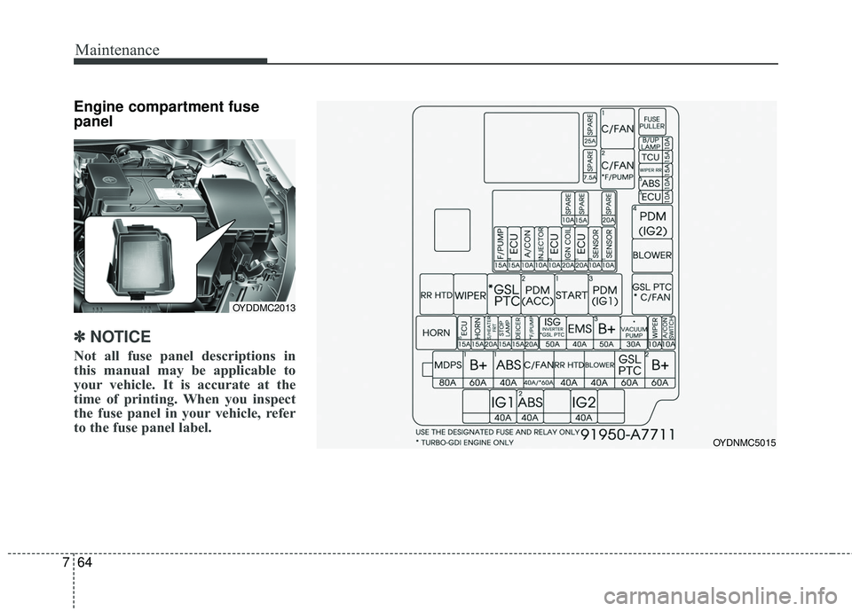 KIA FORTE KOUP 2016  Owners Manual Maintenance
64
7
Engine compartment fuse
panel
✽ ✽
NOTICE
Not all fuse panel descriptions in
this manual may be applicable to
your vehicle. It is accurate at the
time of printing. When you inspect