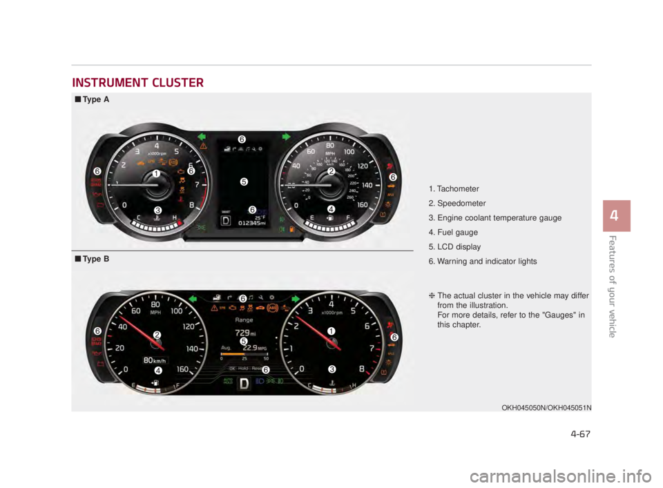 KIA K900 2018  Owners Manual Features of your vehicle
4
4-67
INSTRUMENT CLUSTER
1. Tachometer 
2. Speedometer
3. Engine coolant temperature gauge
4. Fuel gauge
5. LCD display
6. Warning and indicator lights
OKH045050N/OKH045051N
