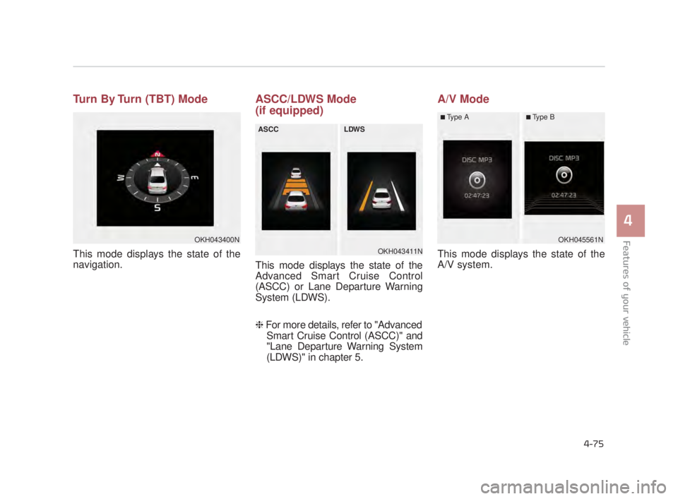 KIA K900 2018  Owners Manual Features of your vehicle
4
4-75
Turn By Turn (TBT) Mode
This mode displays the state of the
navigation.
ASCC/LDWS Mode
(if equipped)
This mode displays the state of the
Advanced Smart Cruise Control
(