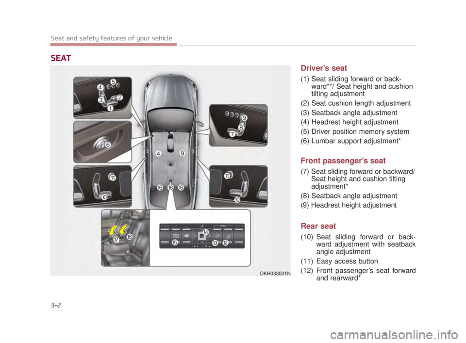 KIA K900 2018  Owners Manual 3-2
Seat and safety features of your vehicle
Driver’s seat
(1) Seat sliding forward or back-ward**/ Seat height and cushion
tilting adjustment
(2) Seat cushion length adjustment
(3) Seatback angle a
