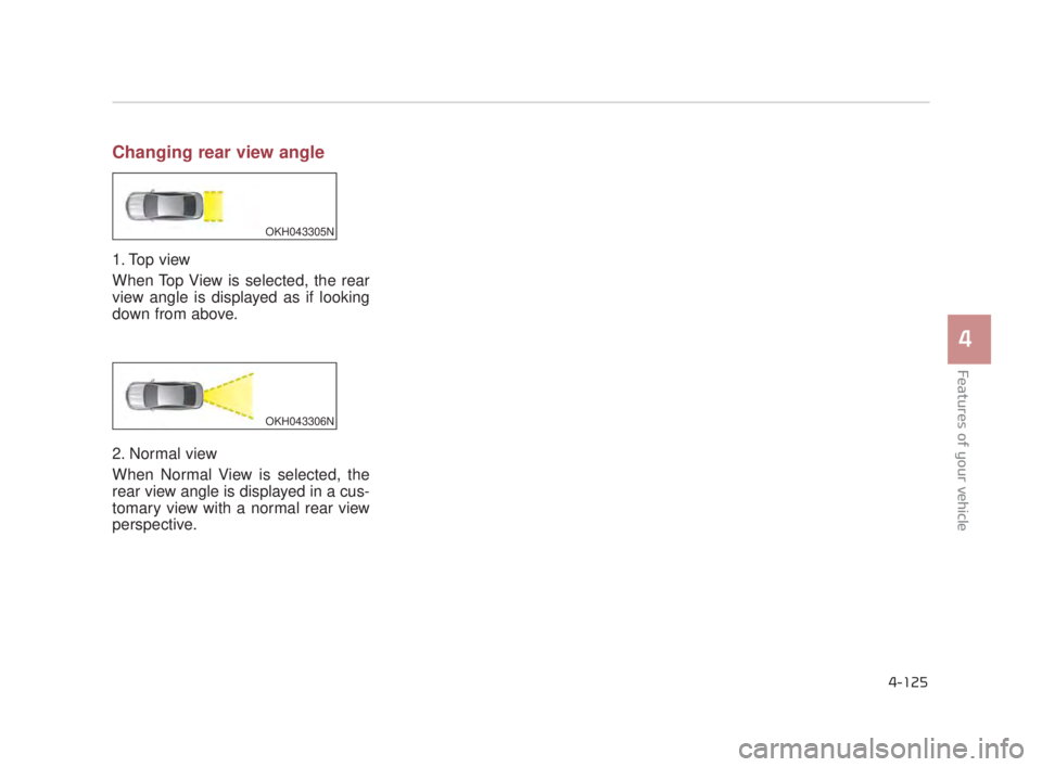 KIA K900 2018  Owners Manual Features of your vehicle
4
4-125
Changing rear view angle
1. Top view
When Top View is selected, the rear
view angle is displayed as if looking
down from above.
2. Normal view
When Normal View is sele