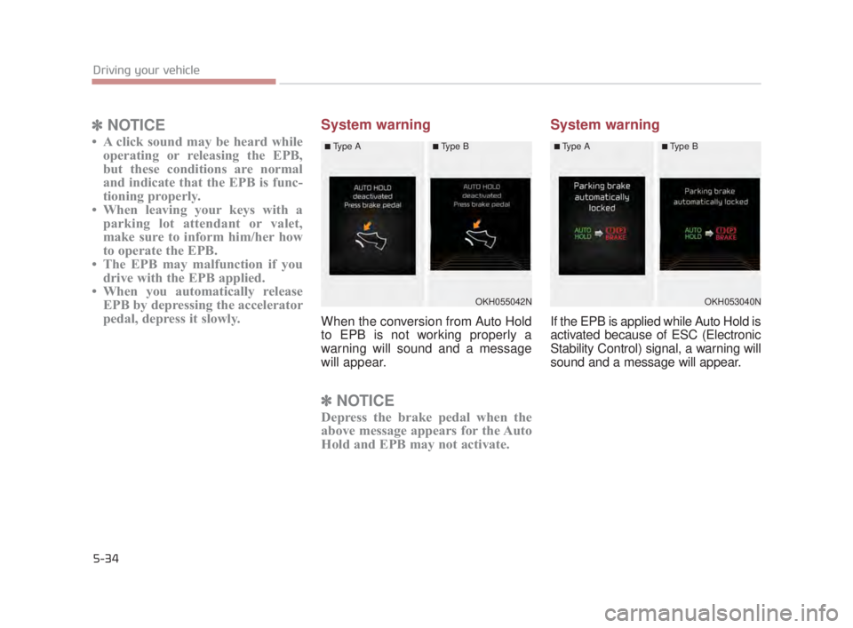 KIA K900 2018  Owners Manual 5-34
Driving your vehicle
✽NOTICE
• A click sound may be heard while
operating or releasing the EPB,
but these conditions are normal
and indicate that the EPB is func-
tioning properly.
• When l