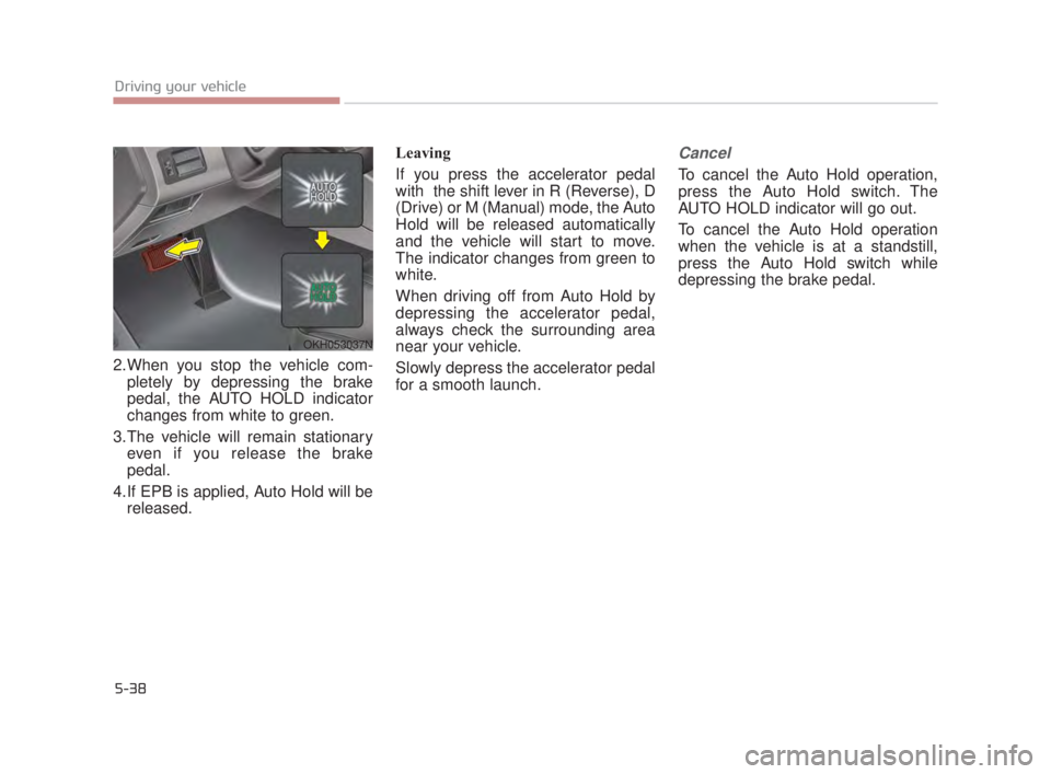 KIA K900 2018  Owners Manual 5-38
Driving your vehicle
2.When you stop the vehicle com-pletely by depressing the brake
pedal, the AUTO HOLD indicator
changes from white to green.
3.The vehicle will remain stationary even if you r
