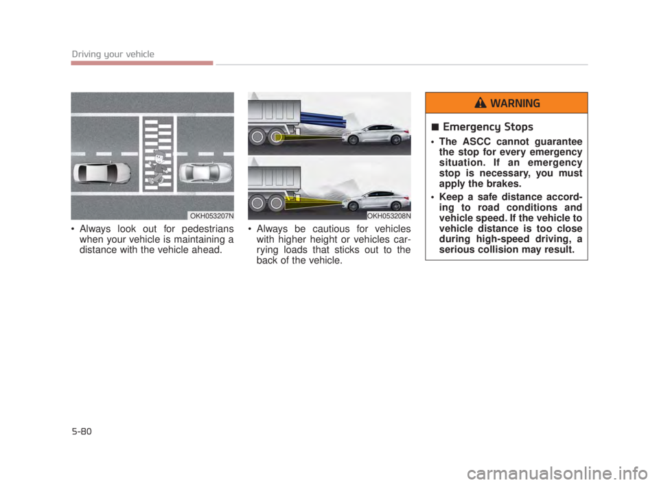 KIA K900 2018  Owners Manual 5-80
Driving your vehicle
 Always look out for pedestrianswhen your vehicle is maintaining a
distance with the vehicle ahead.   Always be cautious for vehicles
with higher height or vehicles car-
ryin