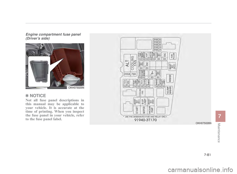 KIA K900 2018  Owners Manual Maintenance
7
7-81
Engine compartment fuse panel(Driver’s side)
✽ NOTICE
Not all fuse panel descriptions in
this manual may be applicable to
your vehicle. It is accurate at the
time of printing. W