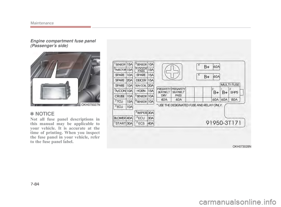 KIA K900 2018  Owners Manual 7-84
Maintenance
Engine compartment fuse panel(Passenger’s side)
✽ NOTICE
Not all fuse panel descriptions in
this manual may be applicable to
your vehicle. It is accurate at the
time of printing. 