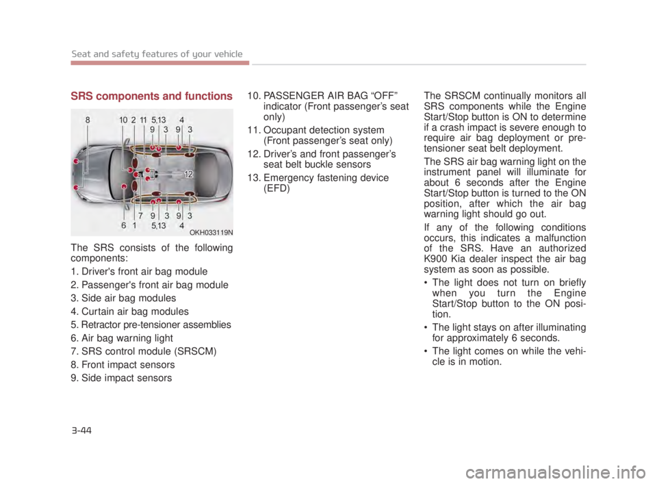 KIA K900 2018  Owners Manual 3-44
Seat and safety features of your vehicle
SRS components and functions
The SRS consists of the following
components:
1. Drivers front air bag module
2. Passengers front air bag module
3. Side ai
