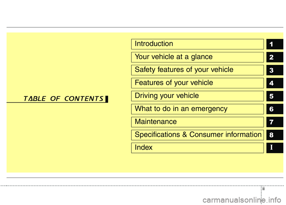 KIA MOHAVE 2014  Owners Manual ii
1 2 3 4 5 6 78IIntroduction
Your vehicle at a glance
Safety features of your vehicle
Features of your vehicle
Driving your vehicle
What to do in an emergency
Maintenance
Specifications & Consumer i