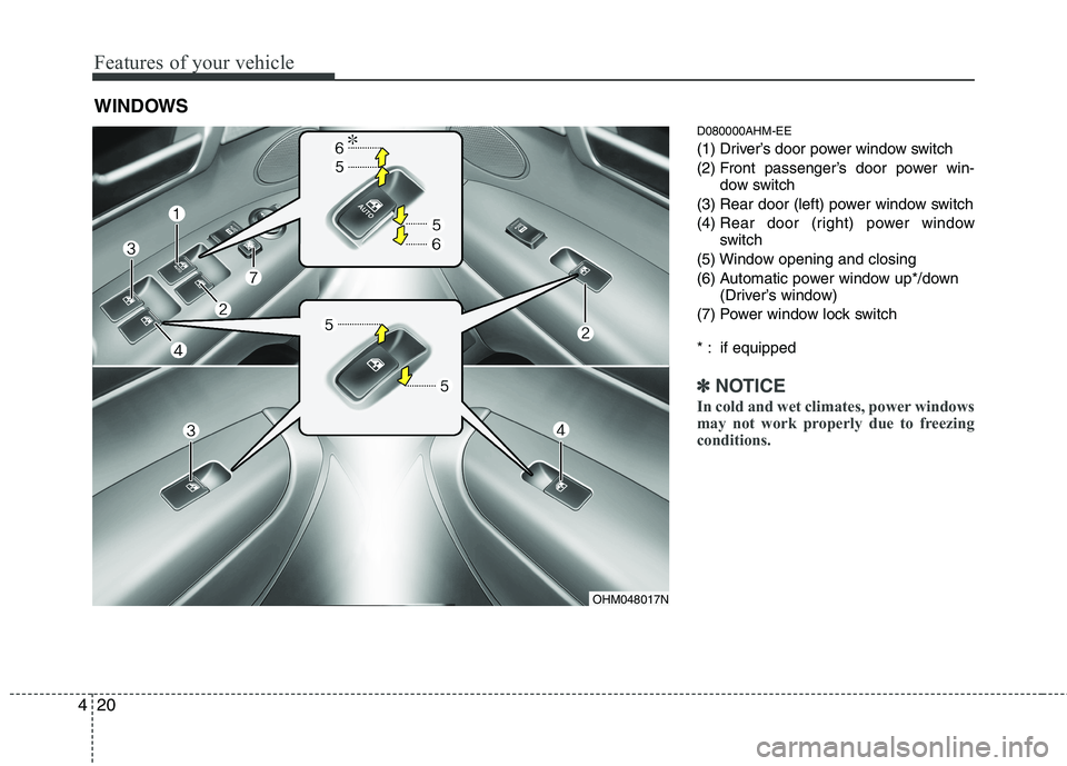 KIA MOHAVE 2014  Owners Manual Features of your vehicle
20
4
D080000AHM-EE 
(1) Driver’s door power window switch
(2) Front passenger’s door power win-
dow switch
(3) Rear door (left) power window switch(4)  Rear door (right) p