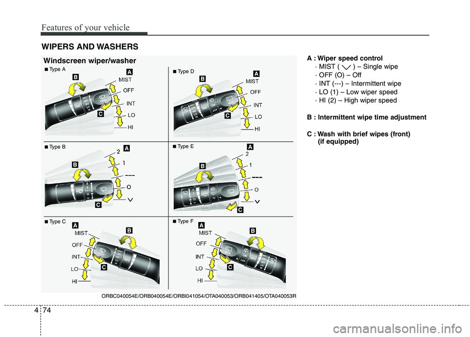 KIA MORNING 2015  Owners Manual Features of your vehicle
74 4
A : Wiper speed control
· MIST ( ) – Single wipe
· OFF (O) – Off
· INT (---) – Intermittent wipe
· LO (1) – Low wiper speed
· HI (2) – High wiper speed
B :