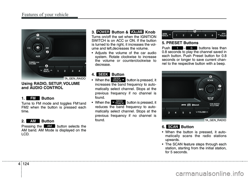 KIA MORNING 2015  Owners Manual Features of your vehicle
124 4
Using RADIO, SETUP, VOLUME
and AUDIO CONTROL
1. Button
Turns to FM mode and toggles FM1and
FM2 when the button is pressed each
time.
2. Button
Pressing the  button selec