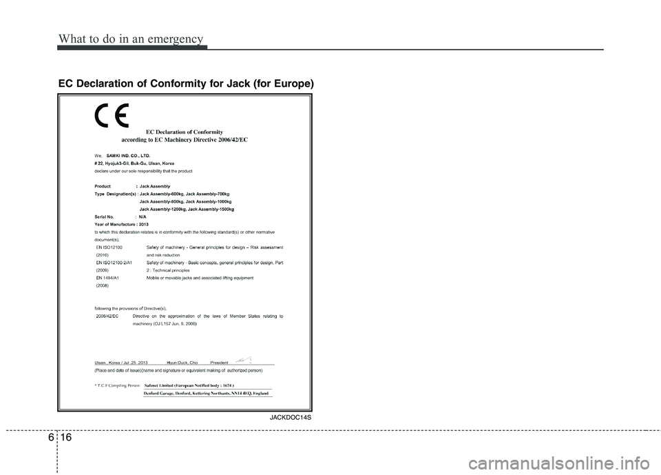 KIA MORNING 2015  Owners Manual What to do in an emergency
16 6
EC Declaration of Conformity for Jack (for Europe)
JACKDOC14S 
