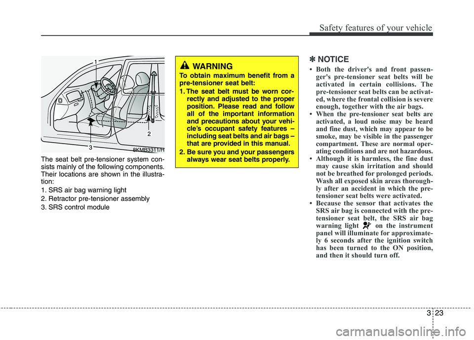 KIA MORNING 2015  Owners Manual 323
Safety features of your vehicle
The seat belt pre-tensioner system con-
sists mainly of the following components.
Their locations are shown in the illustra-
tion:
1. SRS air bag warning light
2. R