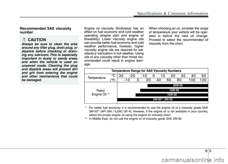 KIA MORNING 2015  Owners Manual Recommended SAE viscosity
number   Engine oil viscosity (thickness) has an
effect on fuel economy and cold weather
operating (engine start and engine oil
flowability). Lower viscosity engine oils
can 